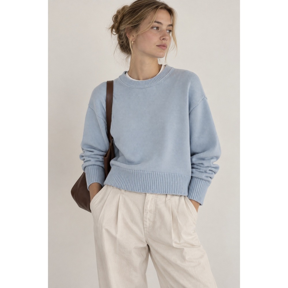 GAP Shaker Stitch Sweater Womens XS Light Blue Cotton Crew Neck Relaxed Preppy